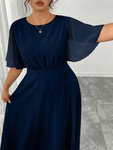Modelyn Women's Plus Size Elegant Spring/Summer Round Neck Ruffle Bell Sleeve Slim Fit Draped Chiffon Dress - Navy Blue - View 3