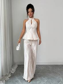 Elenzga Setelan Gaun Pengantin Musim Panas Gaya Dewasa Model Halter Neck Berongga dengan Renda dan Pinggang Ramping, Celana Lebar - MultiWarna - View 5
