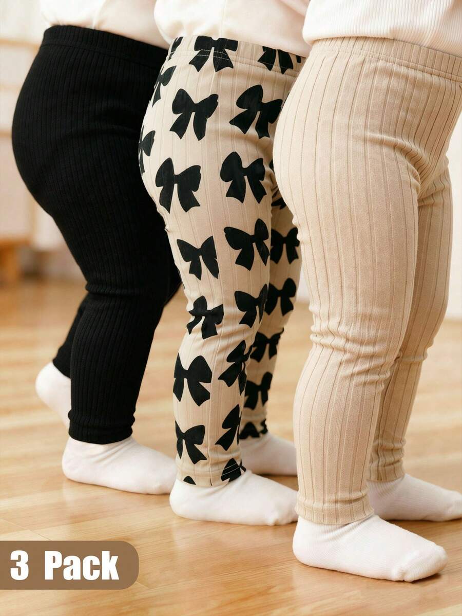 SHEIN Playful Pals 3件裝女孩內搭褲,黑色,蝴蝶印花,杏色,簡約甜美風,直筒寬鬆版型,夏秋日常,外出穿搭 - 黑與白 - 查看 1