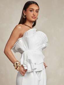Silquee Women's Solid Color Pleated Ruffle Trim Fashion Bandeau Top Party - White - View 5