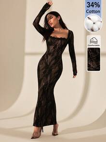SHEIN PETITE 女款蕾絲方領性感約會派對洋裝 - 黑色 - 查看 8