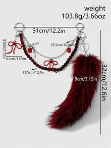 ROMWE Goth 1個甜酷時尚紅色手工串珠水晶珠鏈蝴蝶結草莓仿真狐狸尾彎尾DIY鑰匙圈包包吊飾 - 紅色-7 - 查看 3