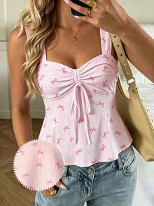 CovetEZ Casual Cute Minimalist Pink And White Striped Base Striped Bow Allover Print Pattern Drawstring Camisole Top, Suitable For Vacation, Spring/Summer - Multicolor - View 6