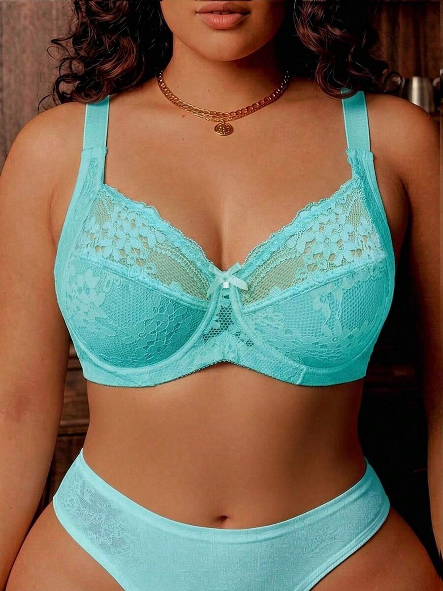 Divavoom Sujetador con encaje y parches, con aros y decoración de moño, lencería de elevación, talla grande, 1 pieza - Azul - Ver 1