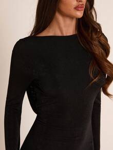 SHEIN BAE Spring/Autumn Black Boat Neck Flared Sleeve Backless Cowl Neck Metal Buckle Cinched Waist Short Dress, Vintage Sexy Style, Suitable For Party, Date, Evening Wear, Birthday Party, Daily Commute - Black - View 7