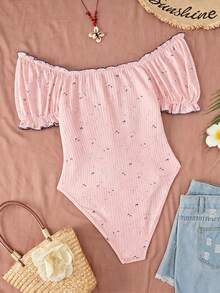 Sweetra CURVE Plus Size Diamond Neckline Ribbed Front Tie Shoulder Short Sleeve Vacation Bodysuit - Pink - View 2