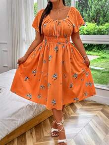 SHEIN MOOSTA Plus Size Women's Floral Print Pleated Elegant Waist-Cinched Date Party Dress - Orange - View 4