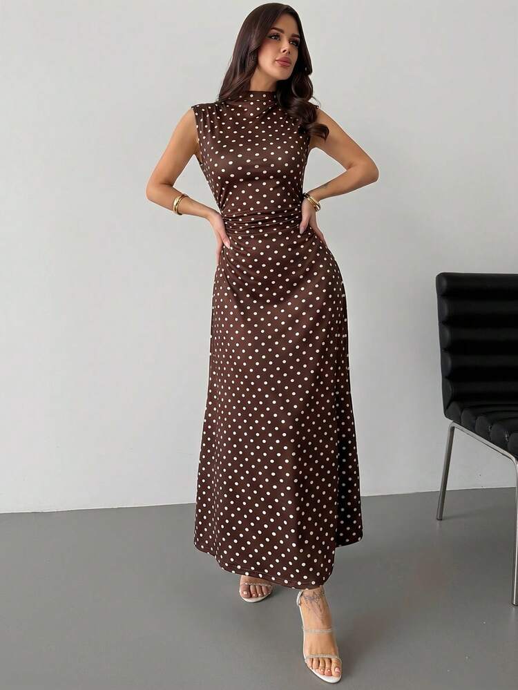 Firerie Valentine's Day New Minimalist 70s Retro Elegant Romantic Date Party Daily Commute Brown And White Polka Dot Small Stand Collar Sleeveless Long Dress - Multicolor - View 1