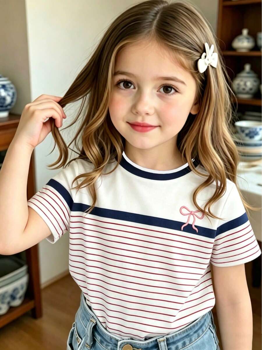 Baby Girls Casual Comfortable Fashion Minimalist Striped Bow Pattern Print T-Shirt, Casual Style Short Sleeve Top With Striped Contrast Color, Suitable For Spring Summer Autumn Daily Wear - Multicolor - View 1