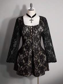 SHEIN ICON 女款大尺碼方領蕾絲喇叭袖洋裝 - 黑色 - 查看 3