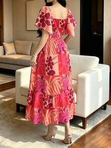 Modelyn 玳瑁竹子花卉图案法式印花连衣裙，女士时尚方领短袖连衣裙，荷叶边拼接下摆设计，玫瑰红与卡其色撞色连衣裙，夏季度假风波西米亚连衣裙 - 彩色 - 查看 2
