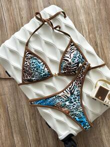 Swim Vcay Women's Summer Beach Vacation Sexy Leopard Print Metallic Star Decoration Halter Strap Triangle Cup Bikini Swimsuit Two-Piece Set - Brown - View 1