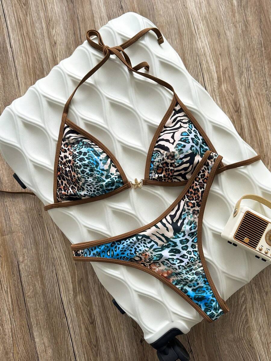 Swim Vcay Women's Summer Beach Vacation Sexy Leopard Print Metallic Star Decoration Halter Strap Triangle Cup Bikini Swimsuit Two-Piece Set - Brown - View 1