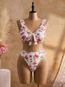 Bellisia 2026 Summer New Women's Plus Size Sweet Cute Ditsy Floral Bikini 3-Piece Set With Ruffle Hem Skirt, Vacation Swimwear - Multicolor - View 4