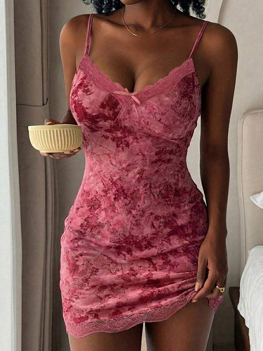 Livesso Women's Sweet Floral Lace Patchwork 3D Bow Decor Camisole Sexy Dress Summer Pajamas - Pink - View 1
