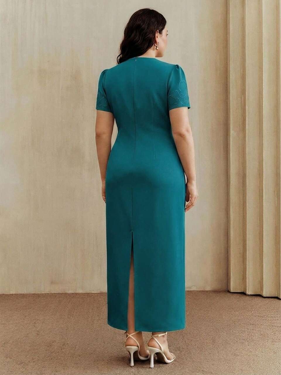 Women Plus Size Teal Elegant Solid Short Sleeve Dress,Hollow Embroidery Pearl Decor Long Dress,Autumn Wedding Guest Party Wedding Vacation