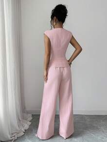 SHEIN Elenzya Women's Spring/Summer Elegant Casual Daily 2-Piece Set, Waist-Cinching Side-Gathered Top, Textured Soft Pink Wide-Leg Pants, Brunch Office - Pink - View 2