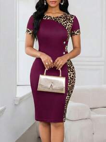 SHEIN Lady 女士豹纹拼接短袖修身优雅连衣裙 - 中紫紅色 - 查看 5