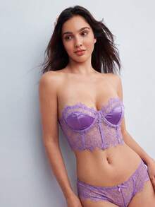 SHEIN 1件裝無肩帶蕾絲性感無鋼圈內衣 - 淡紫色 - 查看 4