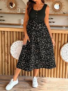 SHEIN 孕婦夏季休閒印花拼接無袖哺乳洋裝 - 黑色 - 查看 10