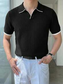 DAZY Black Commuter Contrast White Trim Polo Collar Men's Knit Top Summer - Black - View 9