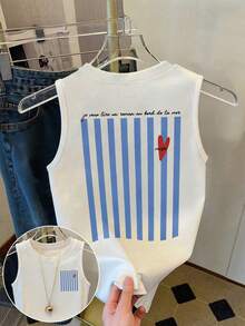 DrmWander Plus Size Striped Heart Print Contrast Color Round Neck Tank Top - White - View 4