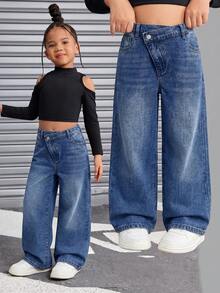 SHEIN Tween女孩藍色丹寧抓絨內裡寬鬆長褲，不對稱腰頭，萬聖節冬季返校休閒Y2K風格 - 藍色 - 查看 2