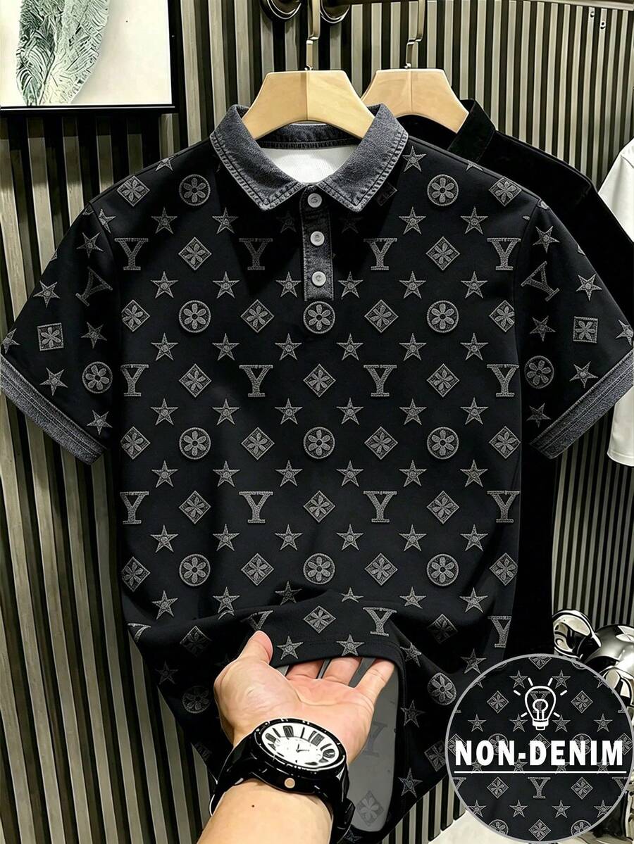 Manfinity Hypemode 美式復古仿丹寧星星字母字母印花 Polo 衫,奢華做舊仿丹寧襯衫,男女款圖案 T 恤,夏季休閒度假短袖上衣 - 彩色 - 查看 1