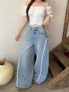 DAZY Atasan Wanita Cantik dengan Motif Blok Warna, Renda, dan Potongan Lurus Kasual - Light Wash - View 4