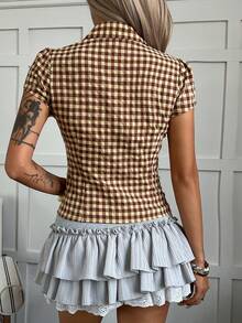 DAZY Women's Vintage Sweet Brown & Beige Plaid Collared Puff Short Sleeve Button-Up Cardigan Blouse With Ruffle Trim, Cinched Waist, Slim Fit Cute Tops - Brown - View 2