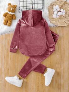 SHEIN 2-teiliges Set für Kleine Mädchen, lässig-elegant, aus Samt, Herbst/Winter, Hoodie-Pullover, locker, mit Drop-Shoulder, Sweatshirt mit 3D-Leggings, Schulanfang-Outfit - Pink - Übersicht 2