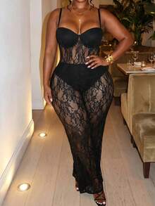 Slaydiva Sexy Elegant Spaghetti Strap Cup Flare Leg Black Lace Sheer Plus Size Jumpsuit Date Night Rave Summer - Black - View 7