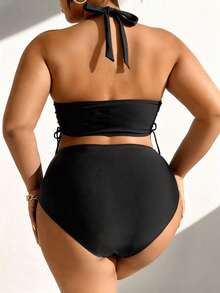 Swim Lushoire Plus Size Solid Color Ruched Halter Tie Sexy Bikini Two-Piece Swimsuit Set - Black - View 2