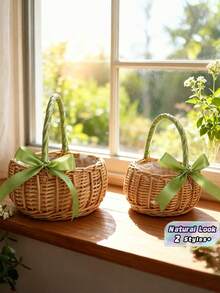 1PC Small Handheld Woven Rattan Wicker Flower Basket With Bow Practical Storage Decorative Basket For Birthday Party Wedding Bridal Shower Garden Home Decor Gift For Her Friends Must Haves - green - View 1