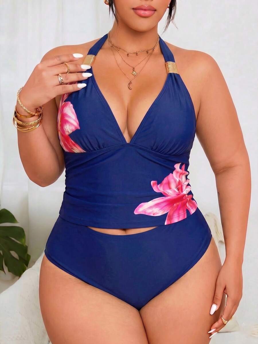 Swim Lushoire 大尺碼女款兩件式豹紋數位印花深V領掛脖性感沙灘泳池比基尼背心套裝 - 藏蓝色 - 查看 1