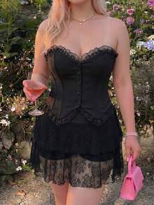 SHEIN MOD 大码女式黑色蕾丝抽绳腰迷你裙，新年、狂欢节、千禧年、性感裙子、西部风、乡村风、情人节 - 黑色 - 查看 6