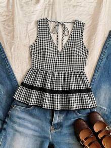 Elaquor Plus Size Women's Sweet Plaid V-Neck Lace Patchwork Airport Holiday Vacation Ruffle Hem Top Casual 1920s 90s Cute Summer Daily Wear Oktoberfest - Apricot - View 2