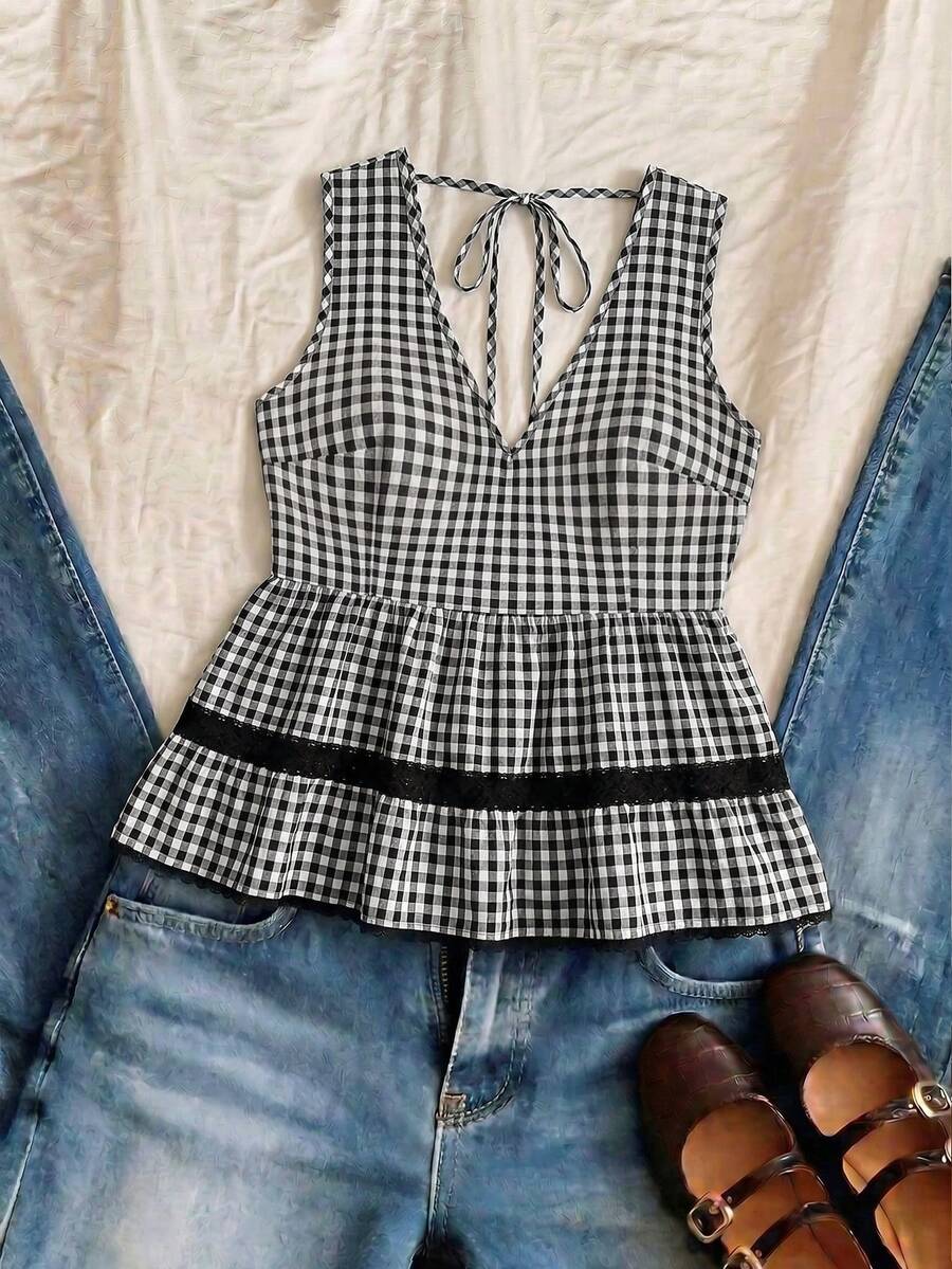 Elaquor Plus Size Women's Sweet Plaid V-Neck Lace Patchwork Airport Holiday Vacation Ruffle Hem Top Casual 1920s 90s Cute Summer Daily Wear Oktoberfest