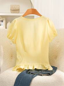 Story & Sage Casual Vacation Women's Blouse, Spring/Summer Fitted Lace Patchwork Tie Bow Short Sleeve Shirt In Pale Yellow - Pale Yellow - View 3