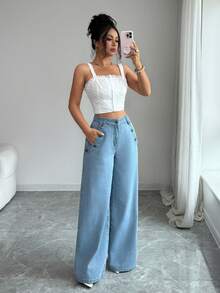 SHEIN Clasi Women's New American Style Loose Non-Stretch Denim Wide Leg Long Pants - Light Wash - View 1