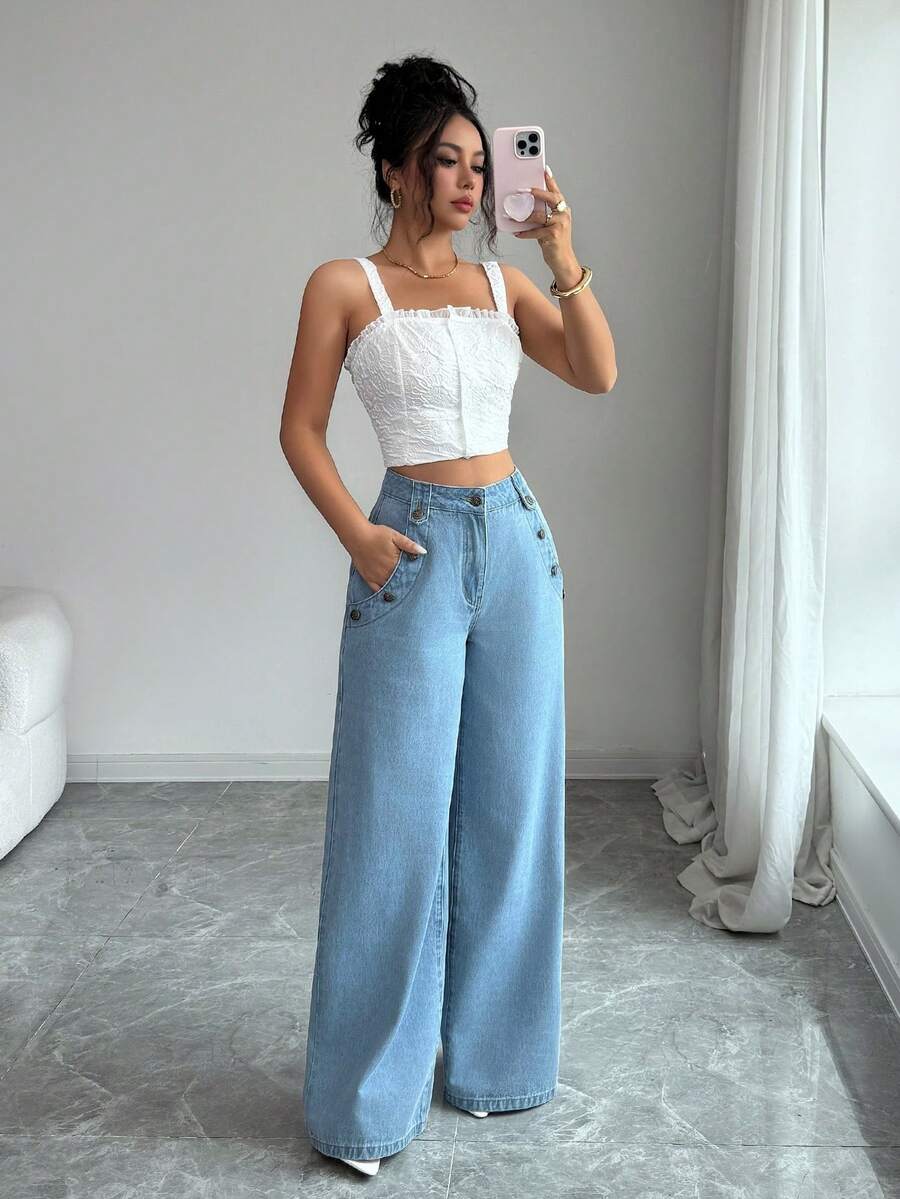 SHEIN Clasi Women's New American Style Loose Non-Stretch Denim Wide Leg Long Pants - Light Wash - View 1