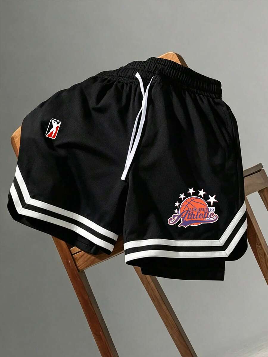 Sport MetroGents 男士足球圖案印花條紋拼色抽繩腰運動短褲,健身房適用 - 黑色 - 查看 1