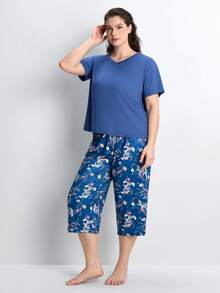 Slumbrini Conjunto de pijama de talla grande con estampado, cuello en V y manga corta - Azul Marino - Ver 4
