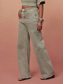 Vixey Calça Denim Reta de Cintura Média com Elastano, Streetwear Casual Elevado, Chique, Estilo Diário, Off Duty, Fim de Semana, Sair, Verde Sálvia, Verão - Caqui - Visão 4