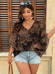 SHEIN VCAY Plus Size Women's V-Neck Blouse With Cashew Pattern, Suitable For Summer Vacation Fall - Brown - View 6