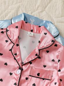 SHEIN 女童花卉愛心緞面開襟翻領睡衣套裝 4件式居家休閒服 - 彩色 - 查看 7