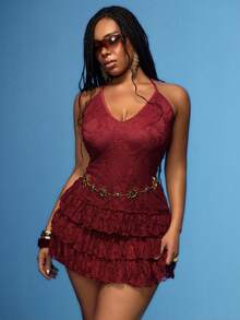 Orbivine Vestido mini de mujer talla grande con encaje, patchwork, volantes, espalda descubierta y cuello halter - Burdeos - Ver 4