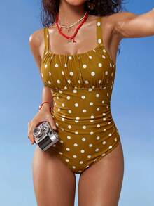 Swim Mod 女款波點荷葉邊連身泳衣，適合海灘度假、泳池派對、海灘派對 - 芥末黃 - 查看 4