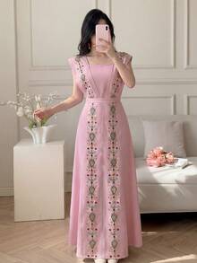 Celisse 亮片刺繡 2 合 1 腰帶式優雅女款長洋裝 - 粉色 - 查看 3