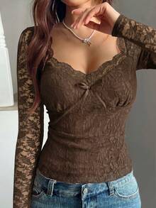 SHEIN ChicEase 女式法式浪漫蕾丝蝴蝶结性感上衣 - 棕色 - 查看 5